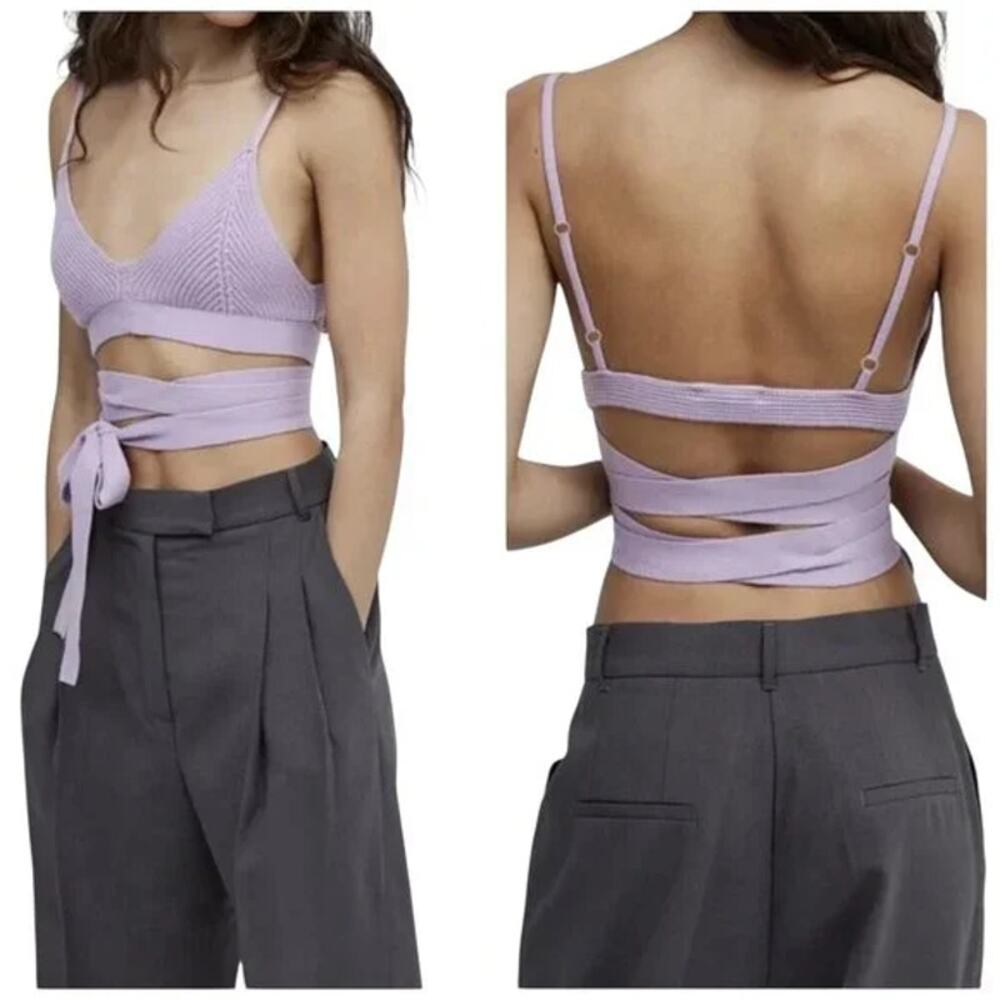 NEW For Love & Lemons Joan Knit Wrap Tie Cami Lavender Crop Top Womens Large